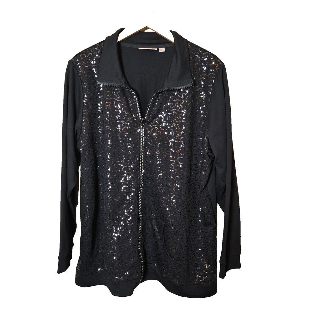 Quacker Factory Black Sequin Cardigan Zip Jacket Plus 1X Party Sweater Glam